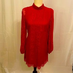 Anthropologie “Maeve” raspberry open backed lace mini dress, size 6